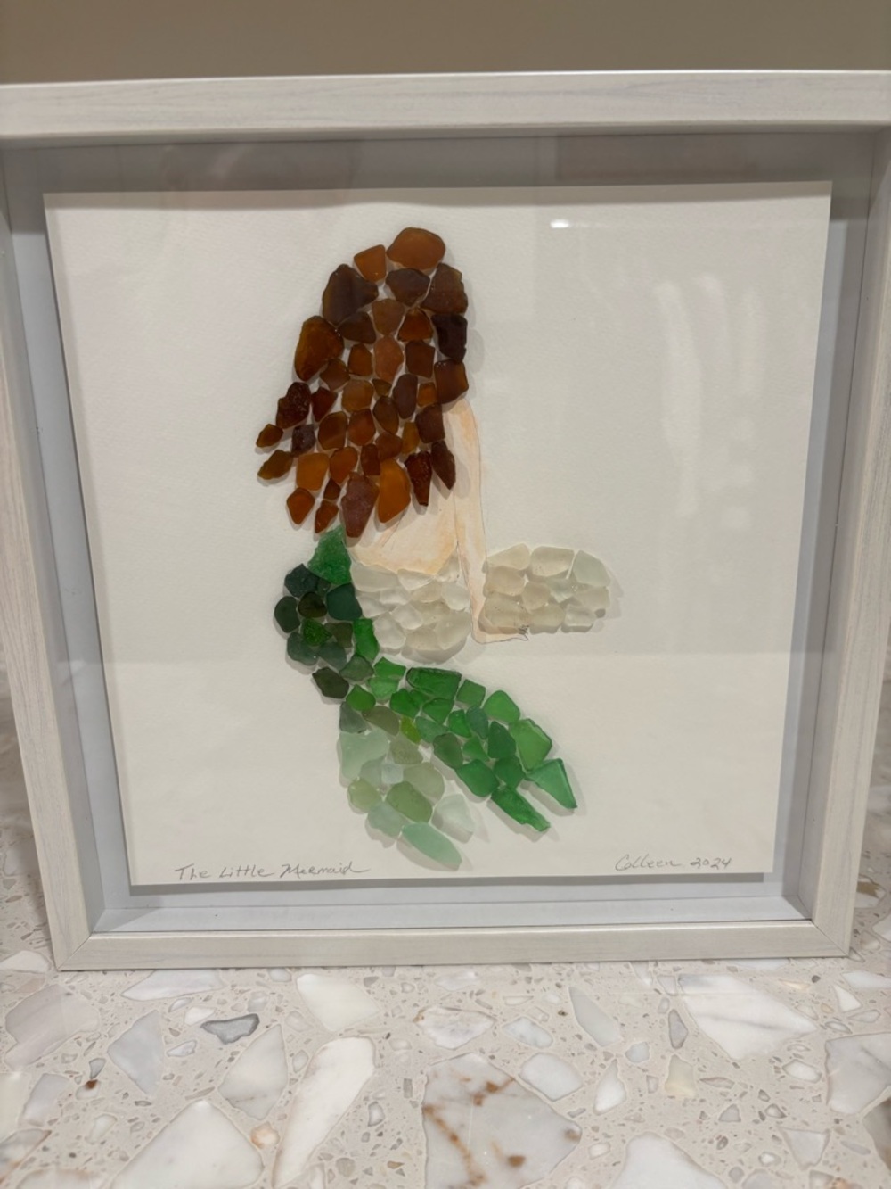 Handmade Framed Aruba Sea Glass “The Little Mermaid” Shadowbox Art 12” Square